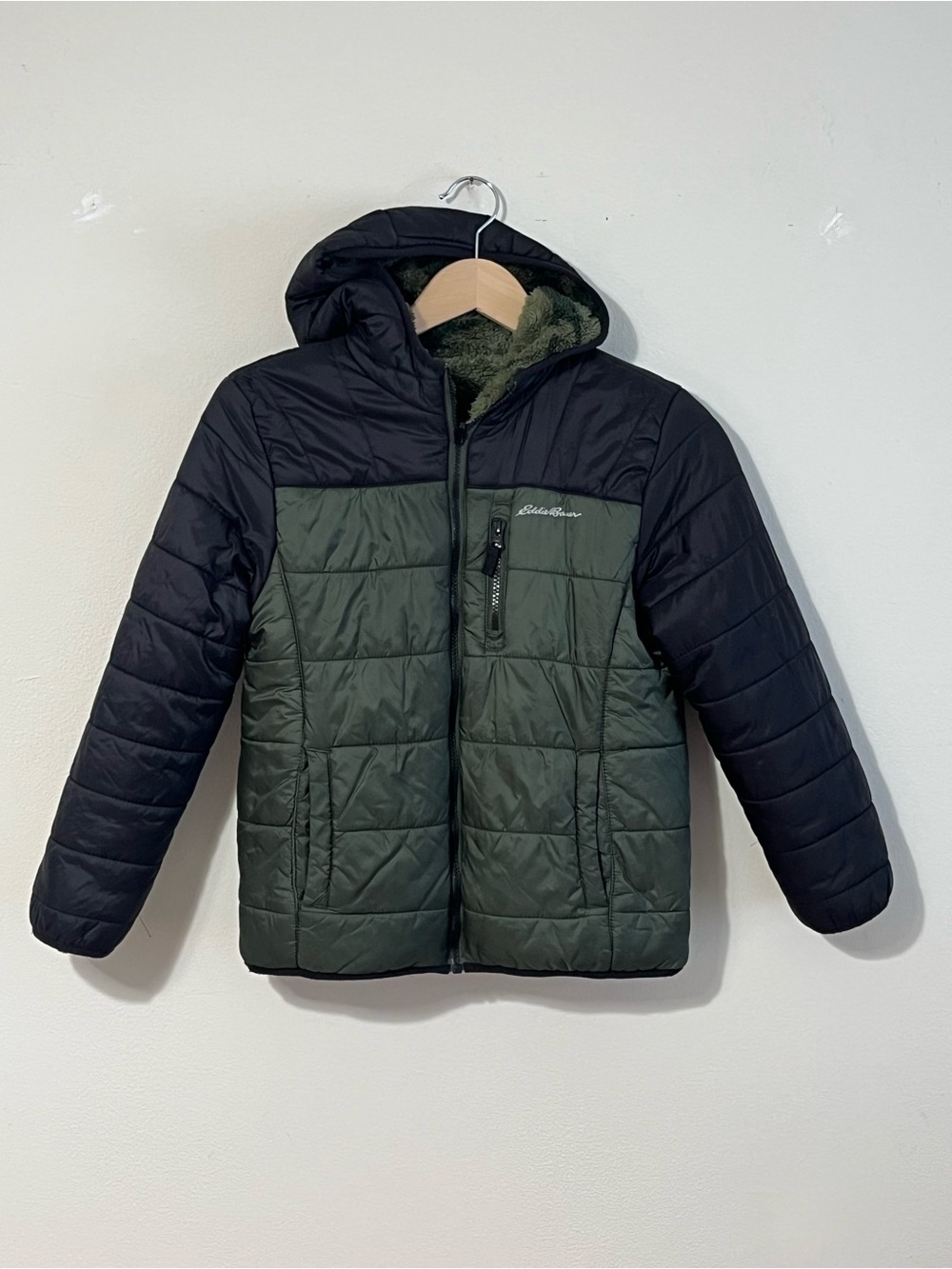 Eddie Bauer Kids Hooded Reversible Two-Tone Puffer Jacket - Black & Olive Green